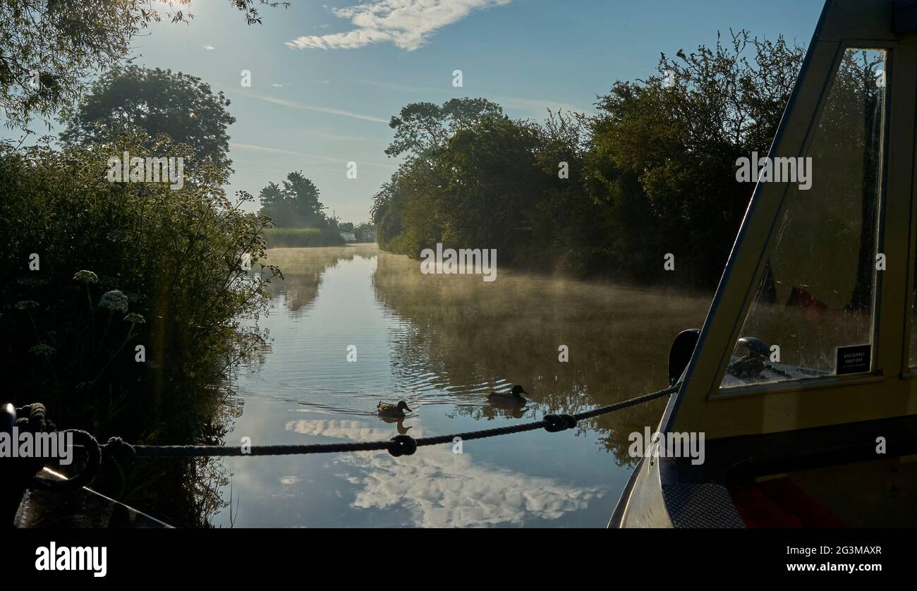Early morning mist rising on the Kennet & Avon Canal, between Bath and Bradford upon Avon, South West England, UK Stock Photo