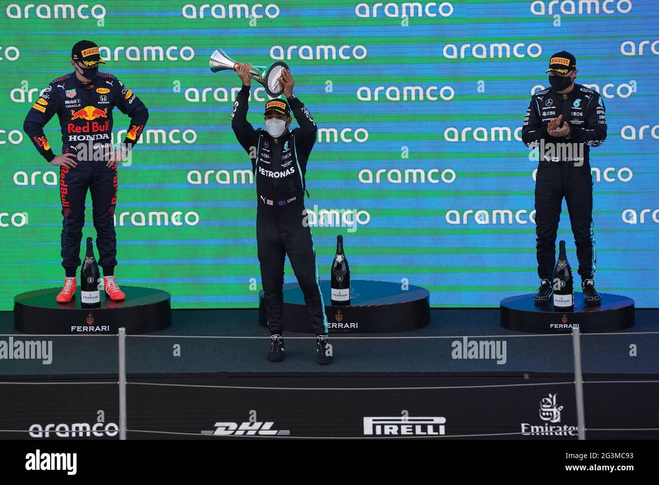 Formula 1 Aramco Gran Premio De Espana 2021.  Lewis Hamilton of Mercedes AMG F1 Team  , Valtteri Bottas of Mercedes AMG F1 Team and Max Verstappen of Red Bull Racing on the podium Stock Photo