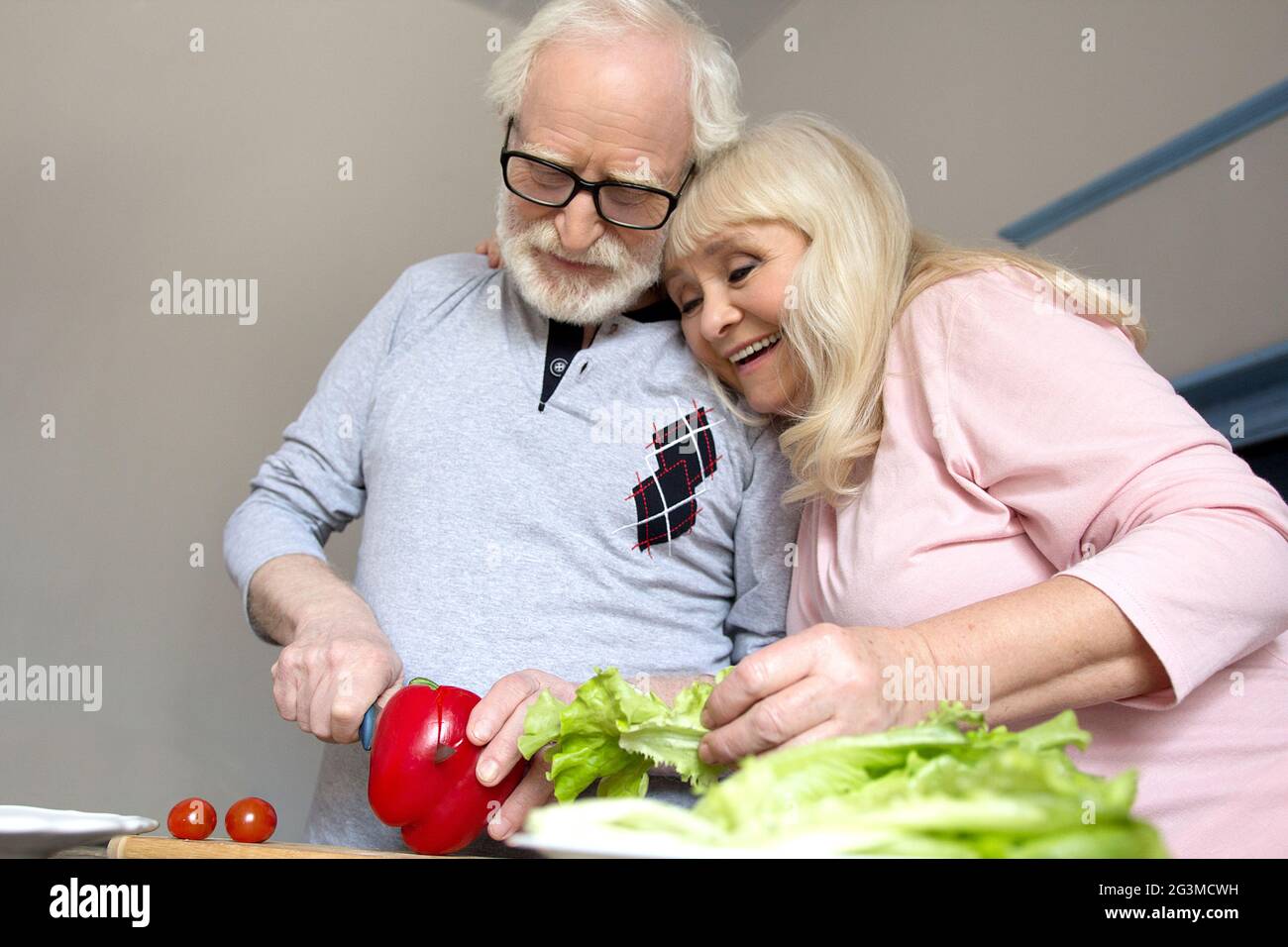 Senior couple cooking together. Stock Photo