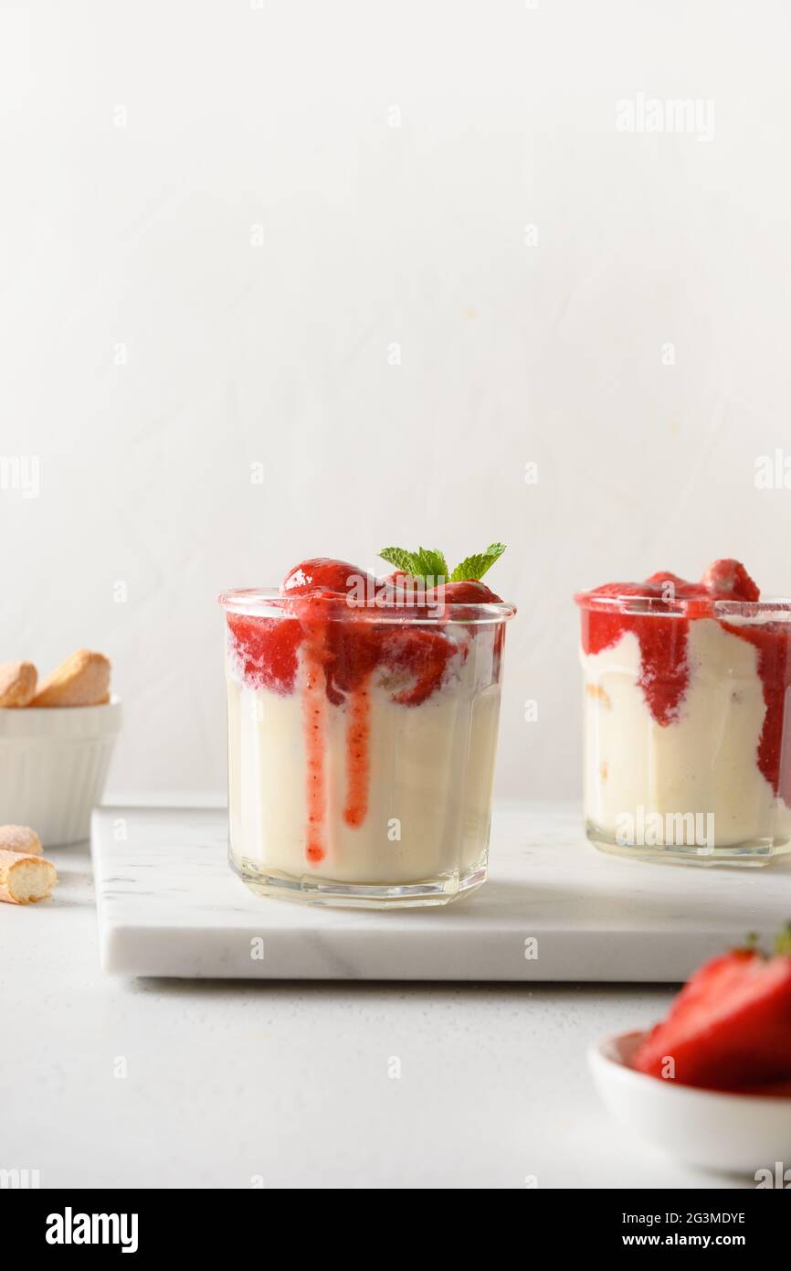 Layered Summer Dessert With Strawberries Cookie Savoyardi Mascarpone And Whipped Cream Vertical Orientation Close Up Italian Tiramisu With Summer Stock Photo Alamy
