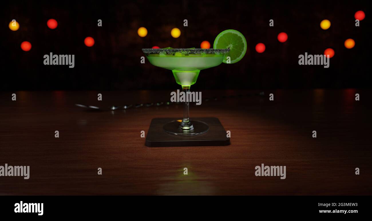 Margarita cocktail with lime on a stand in the bar 3d illustration Stock Photo