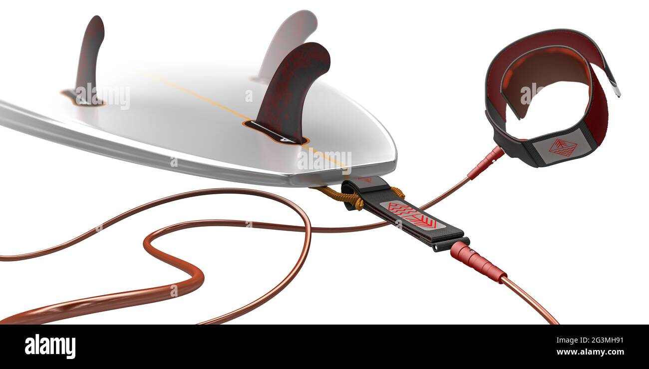 Rear part of a short surfboard with tail, fins and leash 3d