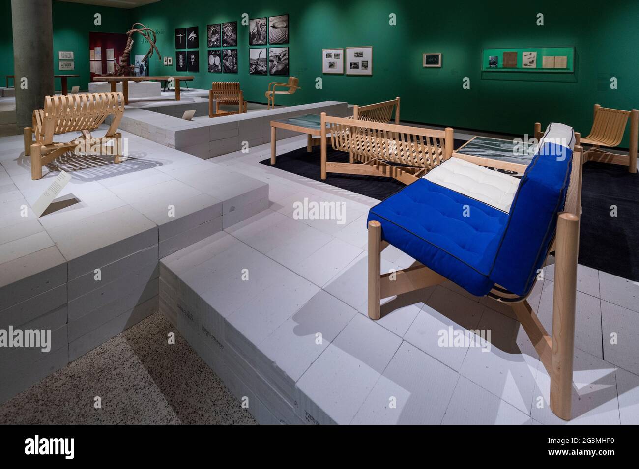 London, UK.  17 June 2021.  General view of exhibition space. Preview of “Charlotte Perriand: The Modern Life” exhibition at the Design Museum in Kensington. Charlotte Perriand’s (1903-1999) pioneering furniture designs shaped the 20th century and helped define the modern interior.  The exhibition marks the 25th anniversary of her first exhibition at the Design Museum in 1996 and runs 19 June to 5 September 2021. Credit: Stephen Chung / Alamy Live News Stock Photo