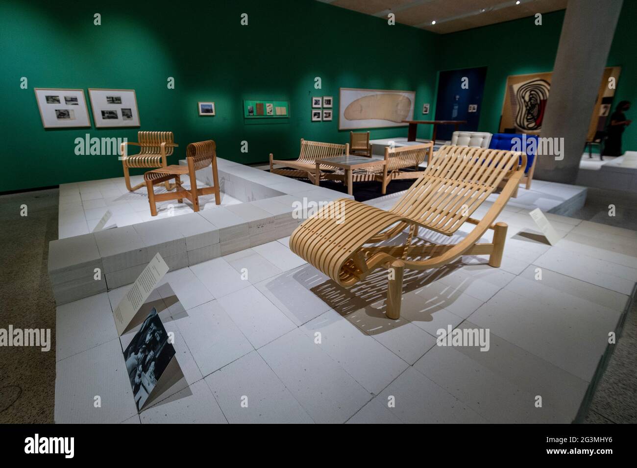 London, UK. 17 June 2021. Cantilever bamboo chair, 1940. Preview of “Charlotte  Perriand: The Modern Life” exhibition at the Design Museum in Kensington. Charlotte  Perriand's (1903-1999) pioneering furniture designs shaped the 20th