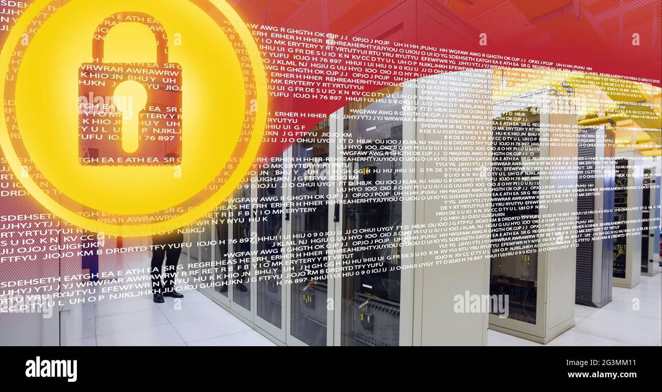 Security padlock icon and data processing over server room against red ...