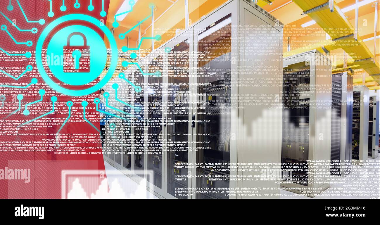 Security padlock icon and data processing over server room against red ...