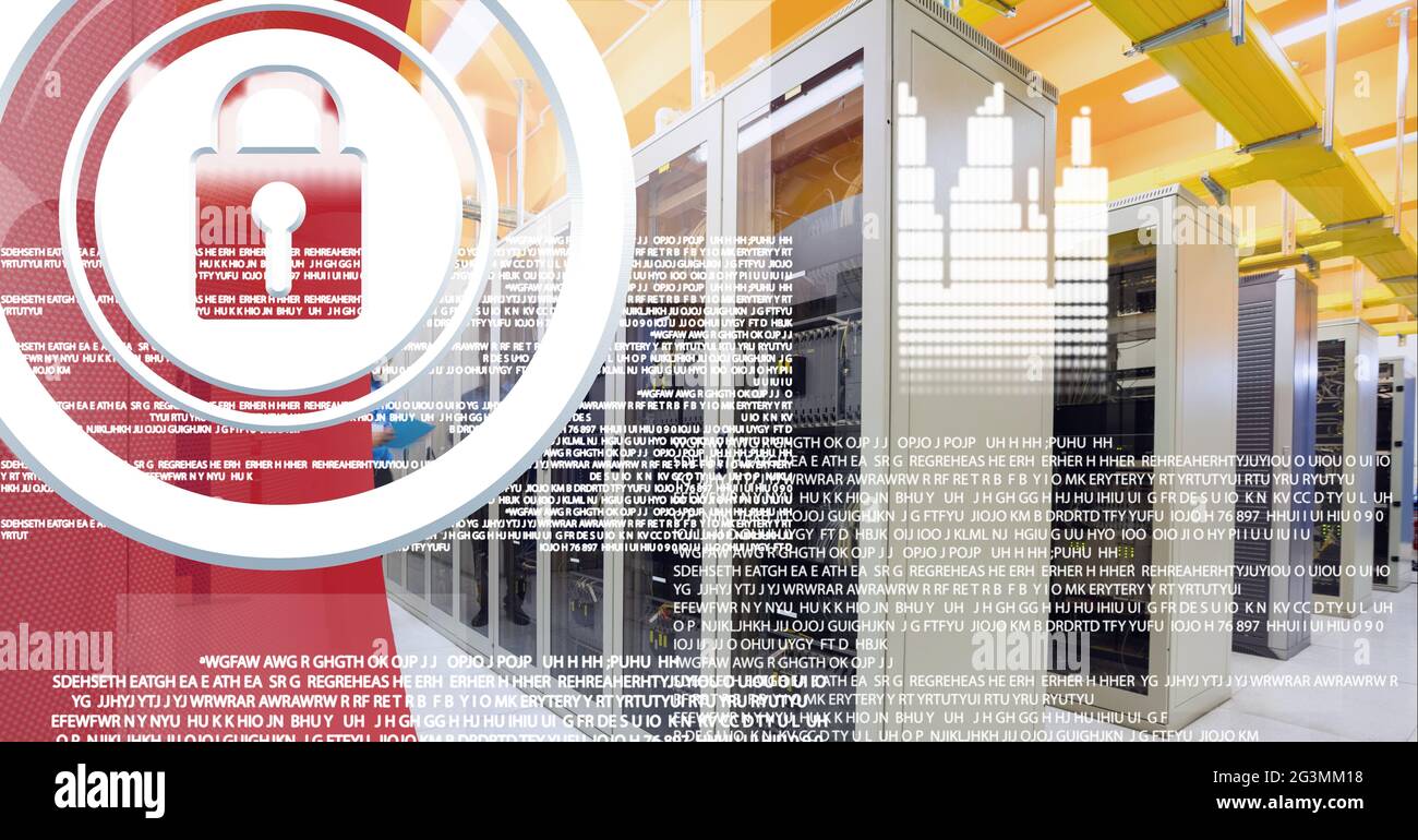 Security padlock icon and data processing over server room against red ...