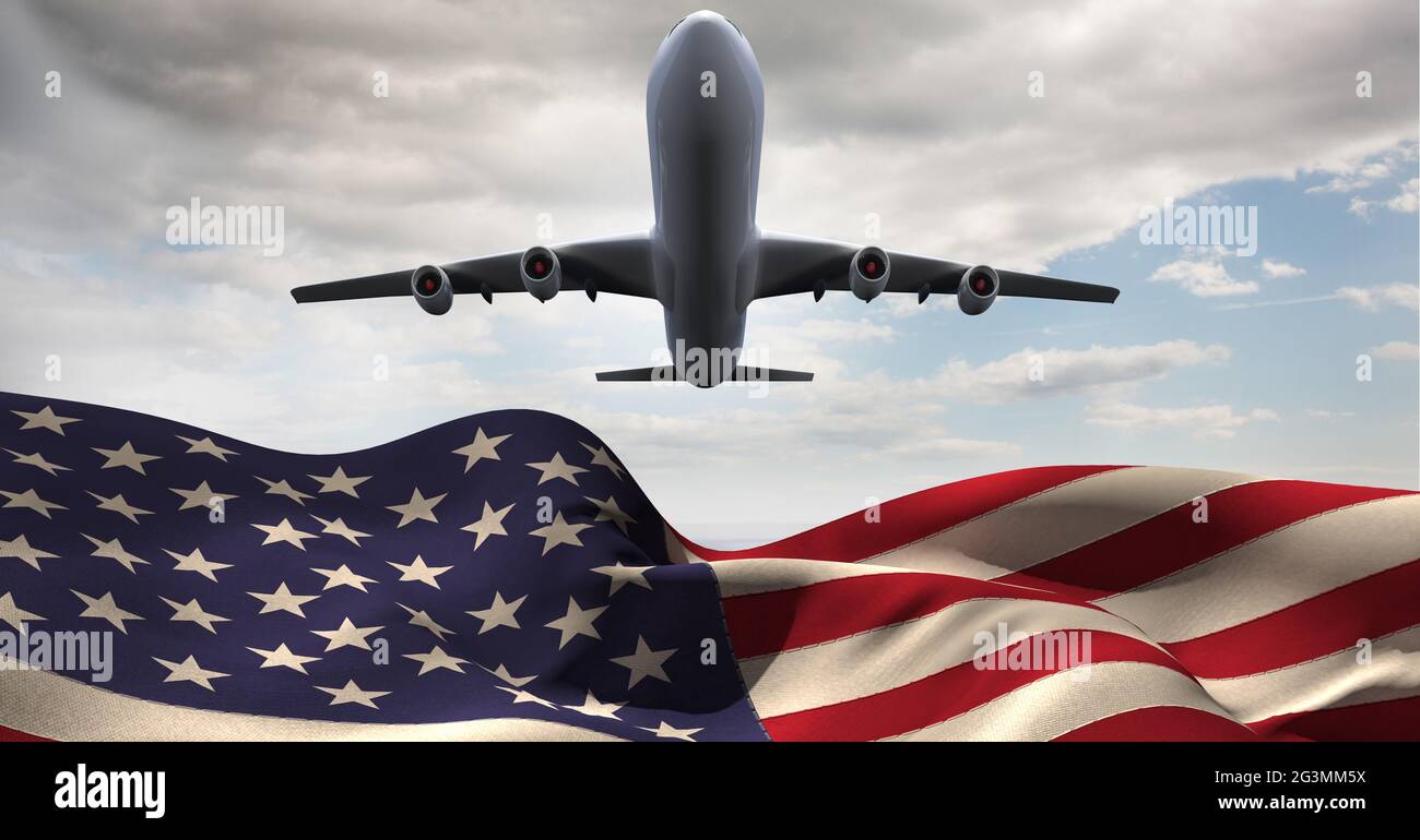 Composition of airplane flying against american flag and sky Stock