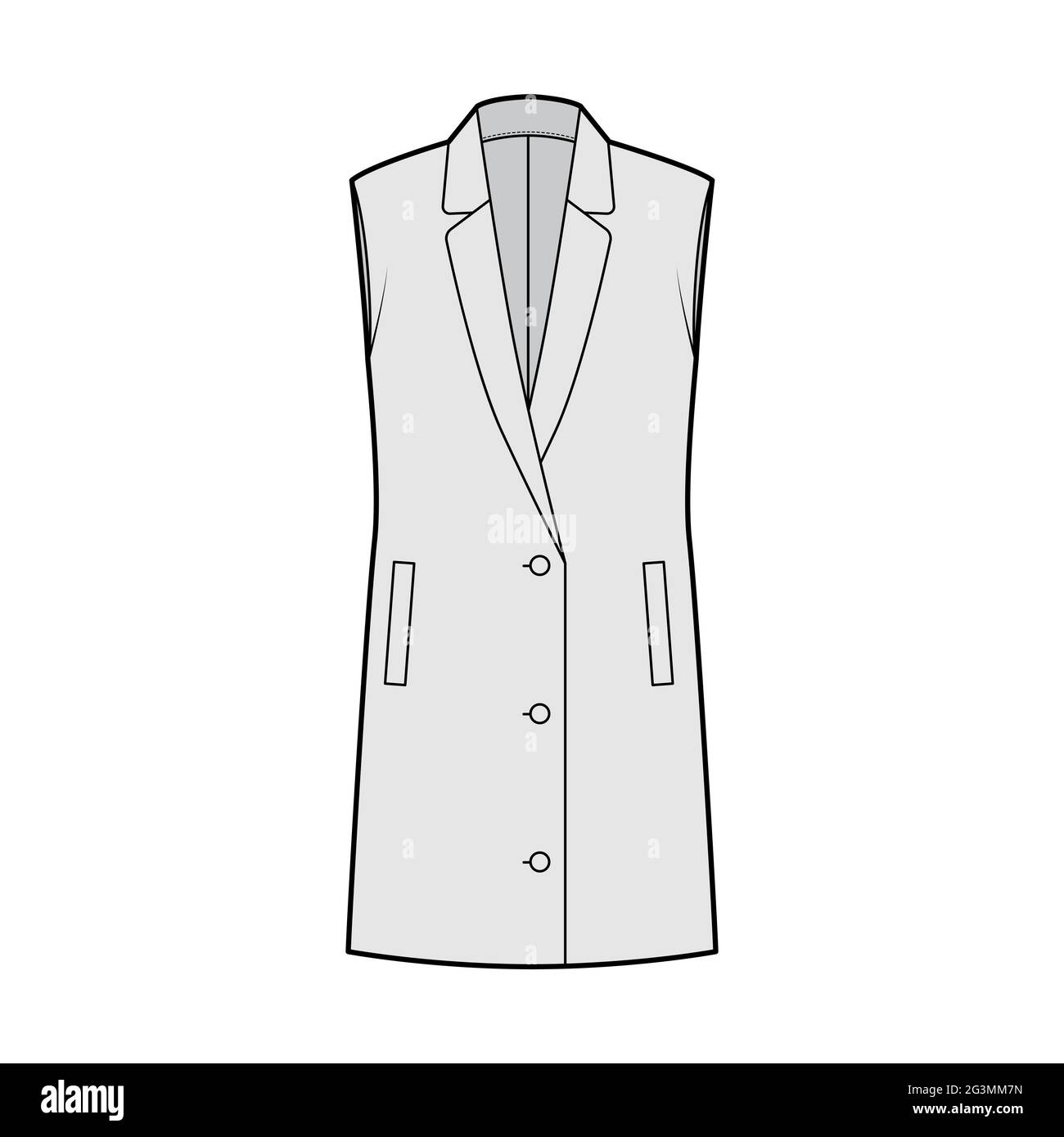 Sleeveless jacket lapelled vest waistcoat technical fashion illustration with button-up closure, pockets, oversized. Flat template front, grey color style. Women, men unisex top CAD mockup Stock Vector