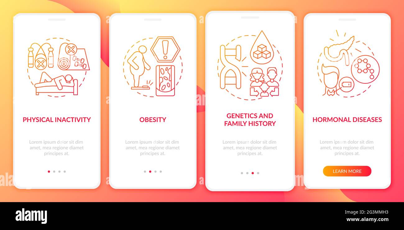 Diabetes causes onboarding mobile app page screen Stock Vector