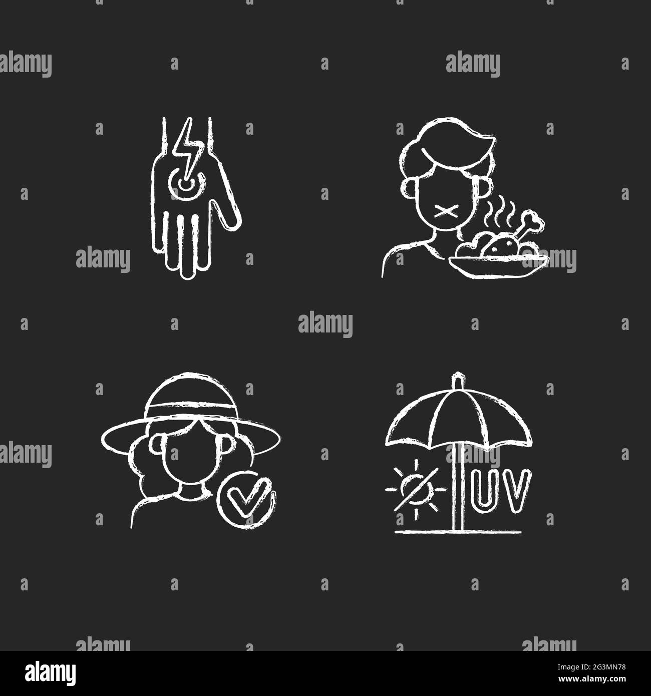 Sunstroke and sunburn chalk white icons set on dark background Stock ...