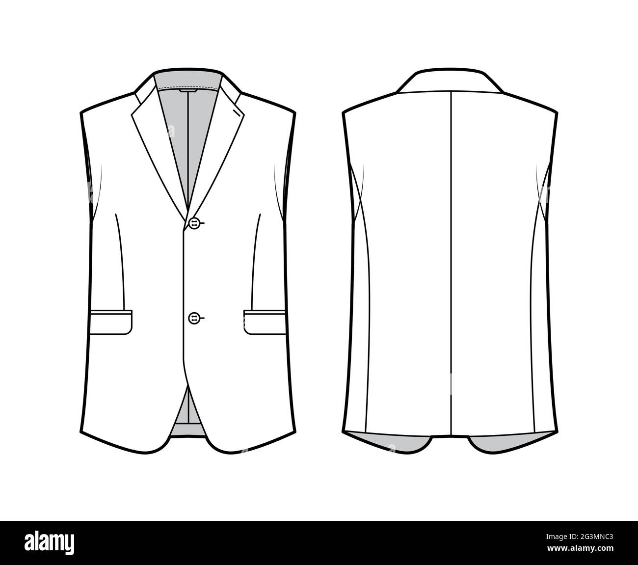 Sleeveless jacket lapelled vest waistcoat technical fashion illustration with single breasted, button-up closure, pockets. Flat template front, back white color style. Women, men unisex top CAD mockup Stock Vector