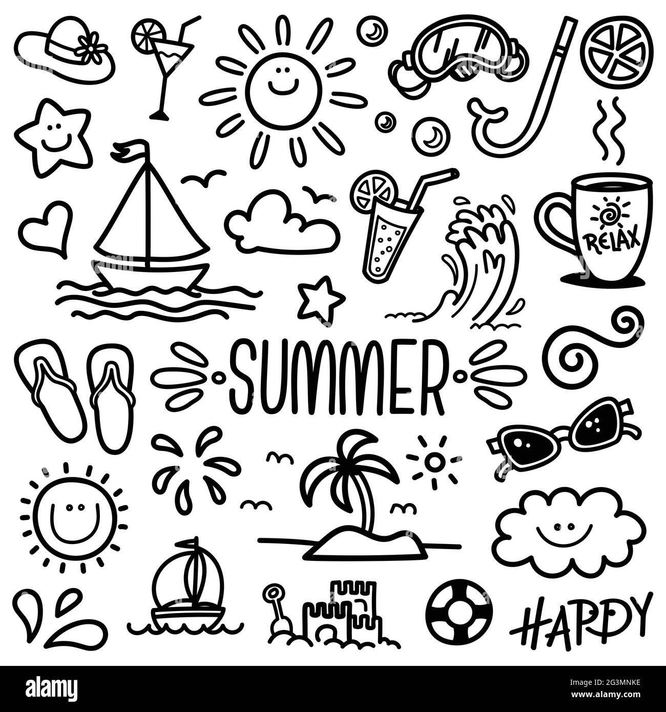 Vacation doodle. Hand drawn summer icon set. Cute cartoon drawing. Coloring  page. Vector print illustration Stock Vector Image & Art - Alamy