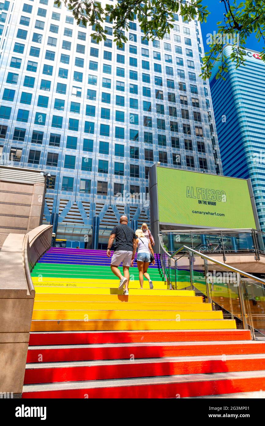 14 June 2021 - Stairs at Reuters Plaza decorated with rainbow colours of the Pride flag for Pride Month, Canary Wharf, London, UK Stock Photo