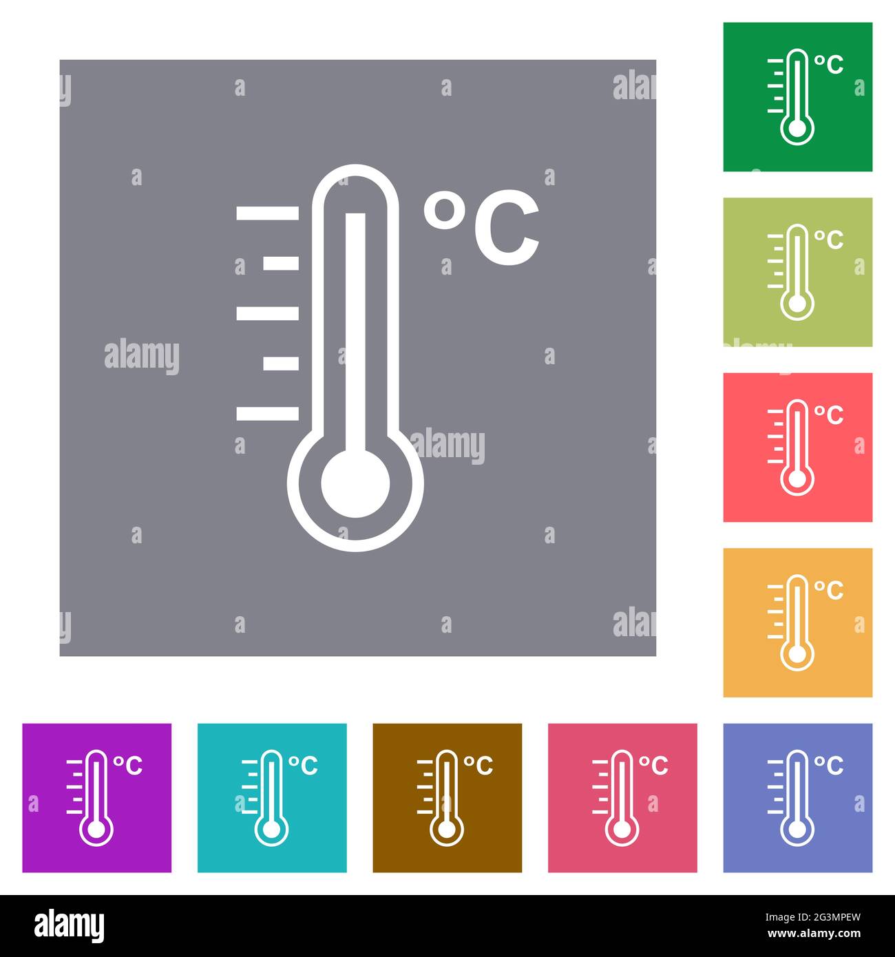 Celsius thermometer warm temperature flat icons on simple color square ...