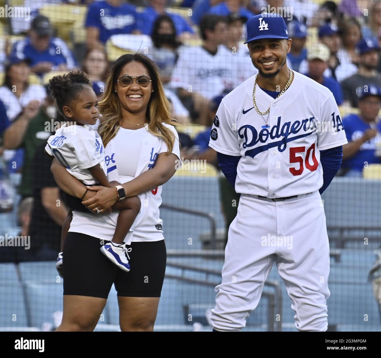 Los Angeles, United States. 17th June, 2021. Los Angeles Dodgers outfielder  Mookie Betts is joined by his fiance Brianna Hammonds and their daughter  Kynlee prior to the start of the Dodgers MLB
