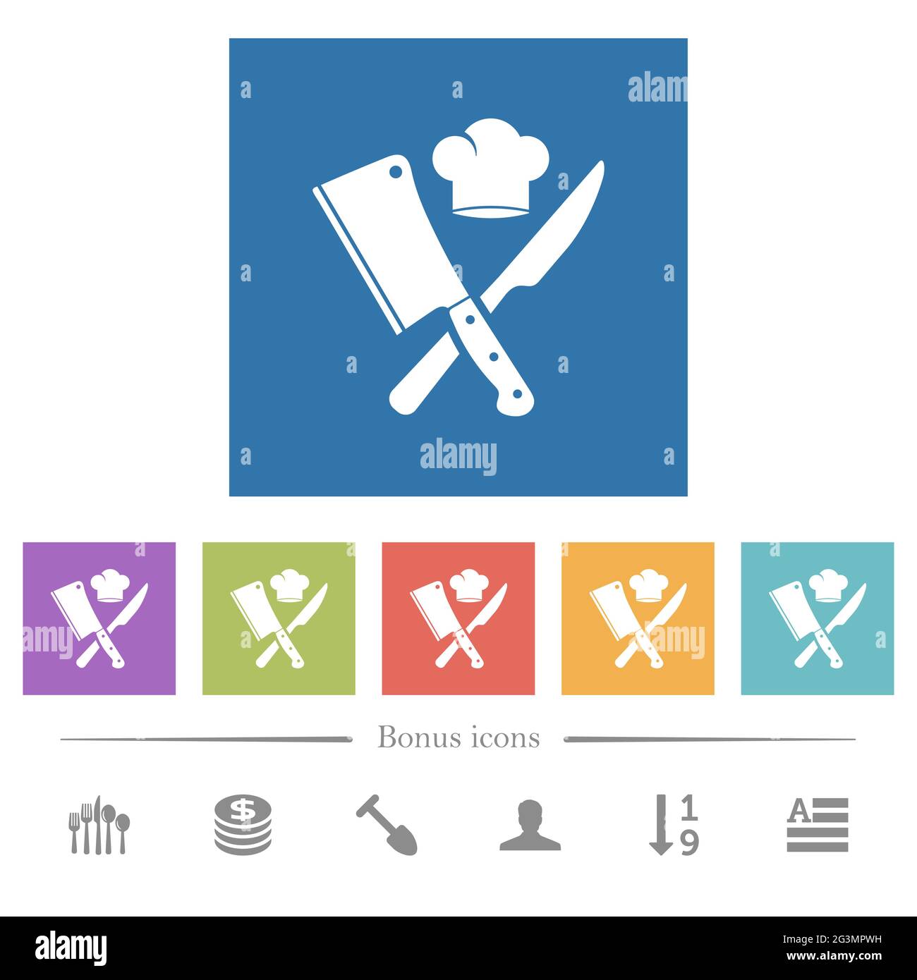 Crossed meat cleaver and knife with chef hat flat white icons in square ...