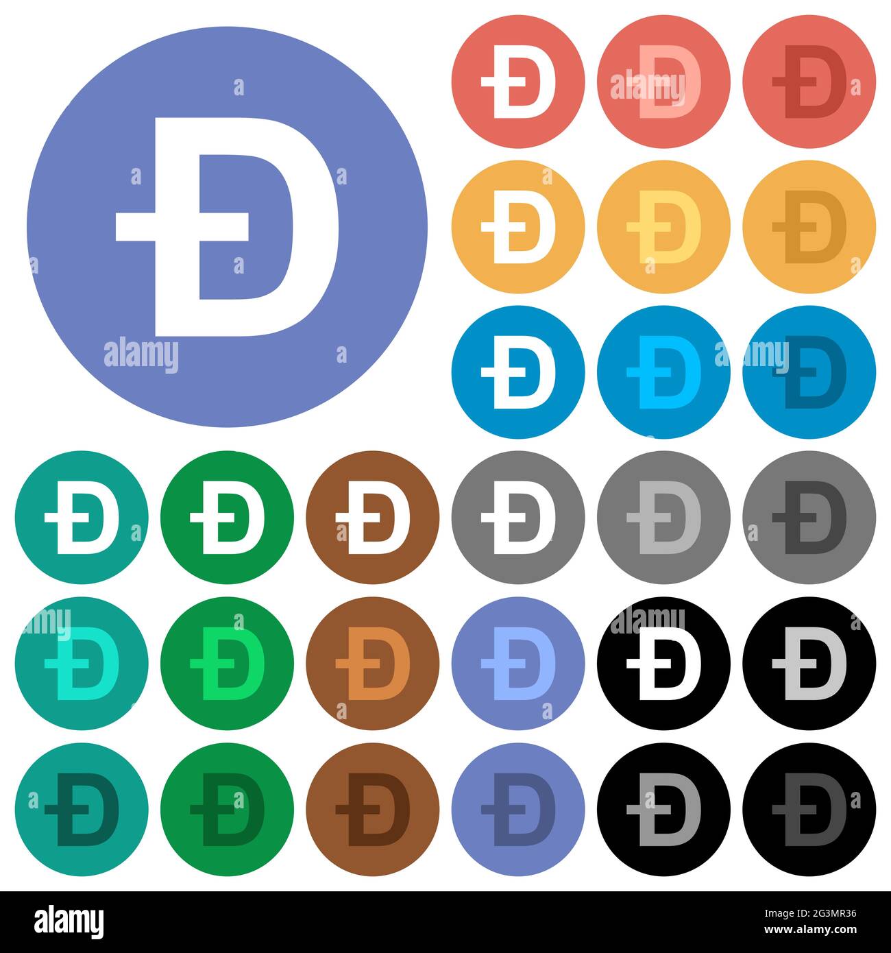 Dogecoin digital cryptocurrency multi colored flat icons on round backgrounds. Included white, light and dark icon variations for hover and active sta Stock Vector