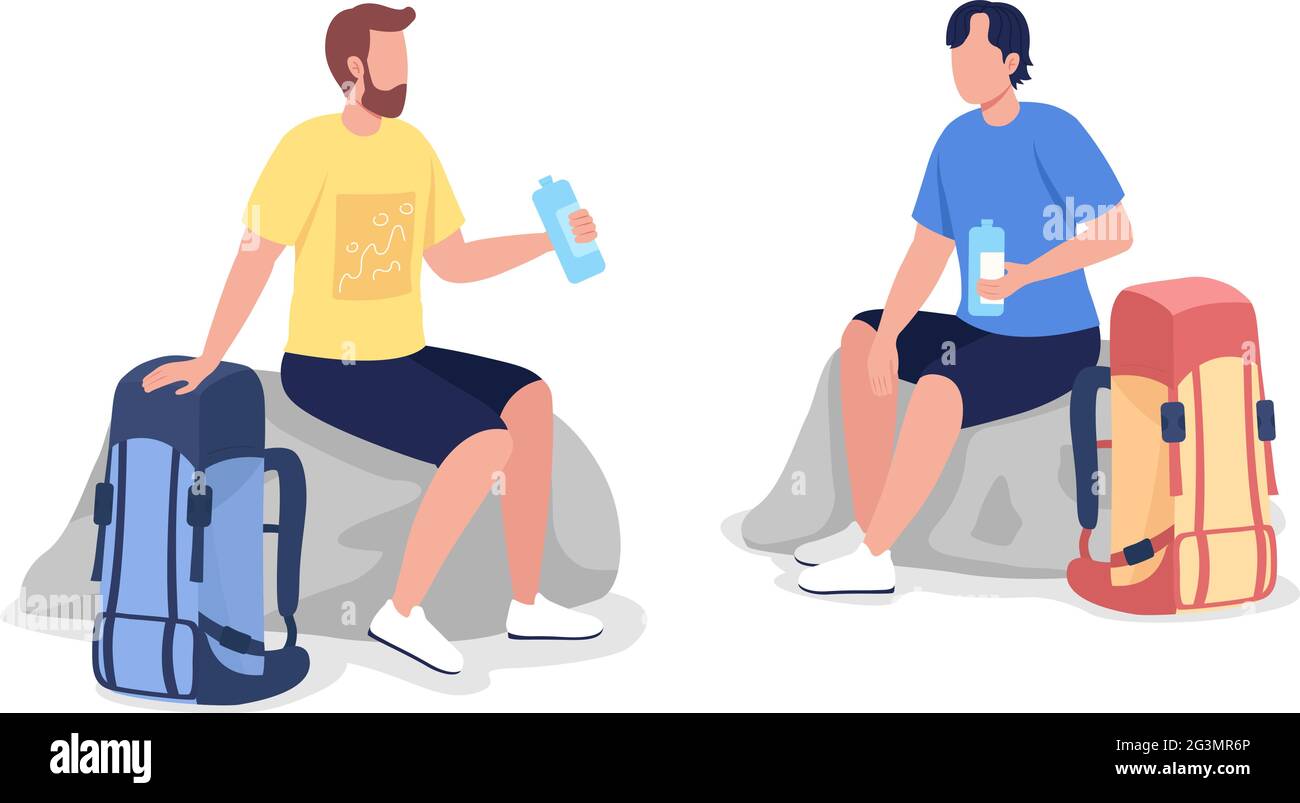 Resting hikers semi flat color vector character set Stock Vector