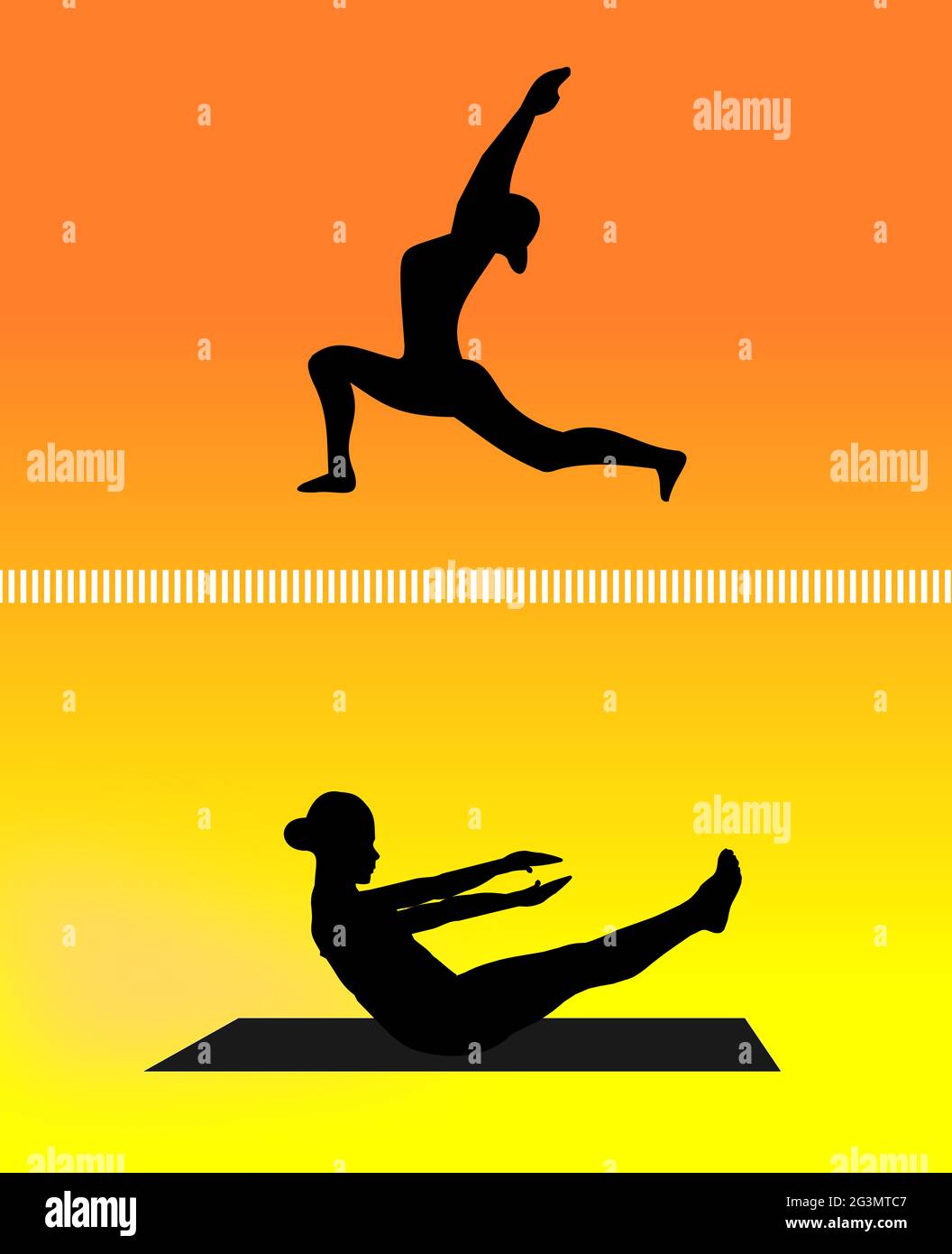 Poster Vector illustration of yoga poses at sunset background - PIXERS.US