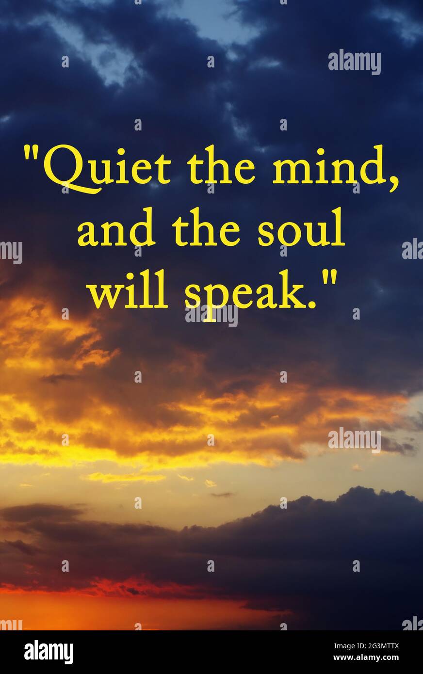 Quiet the mind and the soul will speak.Meditation quote with beautiful sunset.Relaxing,yoga quotes.Peaceful Mind and Peaceful Lifestyle. Stock Photo