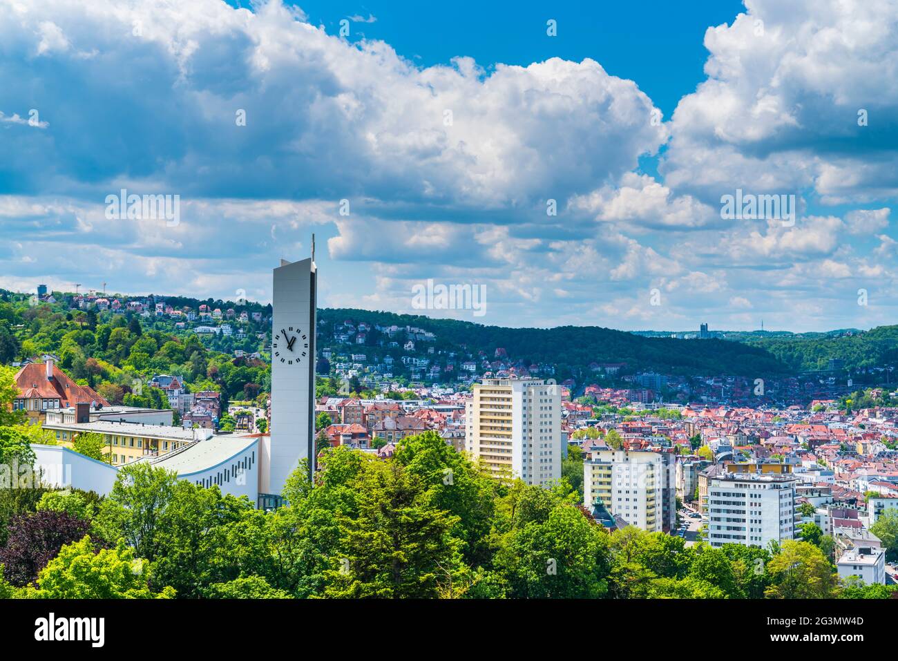 Germany, Stuttgart city skyline view above the roofs of the houses ...