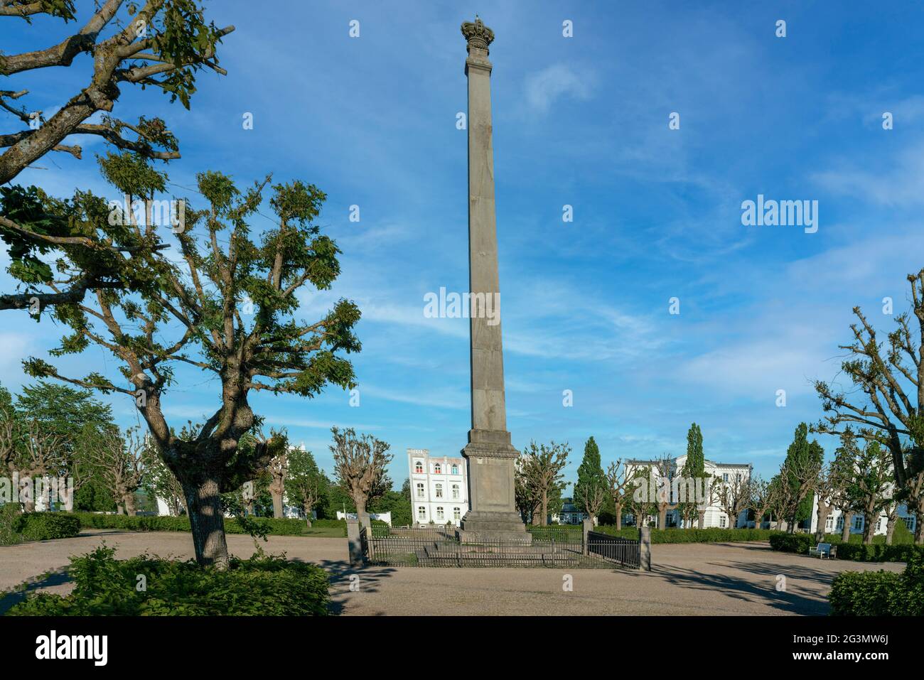 The historical circus square in Putbus on Ruegen island with obelisk Stock Photo