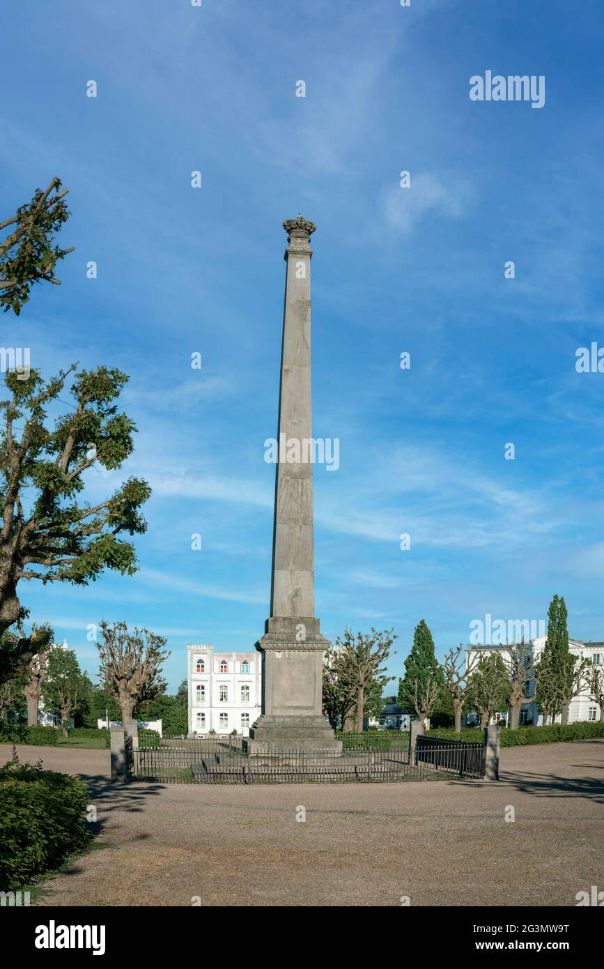 The historical circus square in Putbus on Ruegen island with obelisk Stock Photo