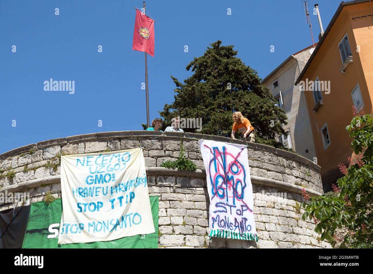 '21.05.2016, Labin, Istria, Croatia - Environmental activists unfurl banners against Monsanto, TTIP and GMO (genetically modified organism). 00A160521 Stock Photo