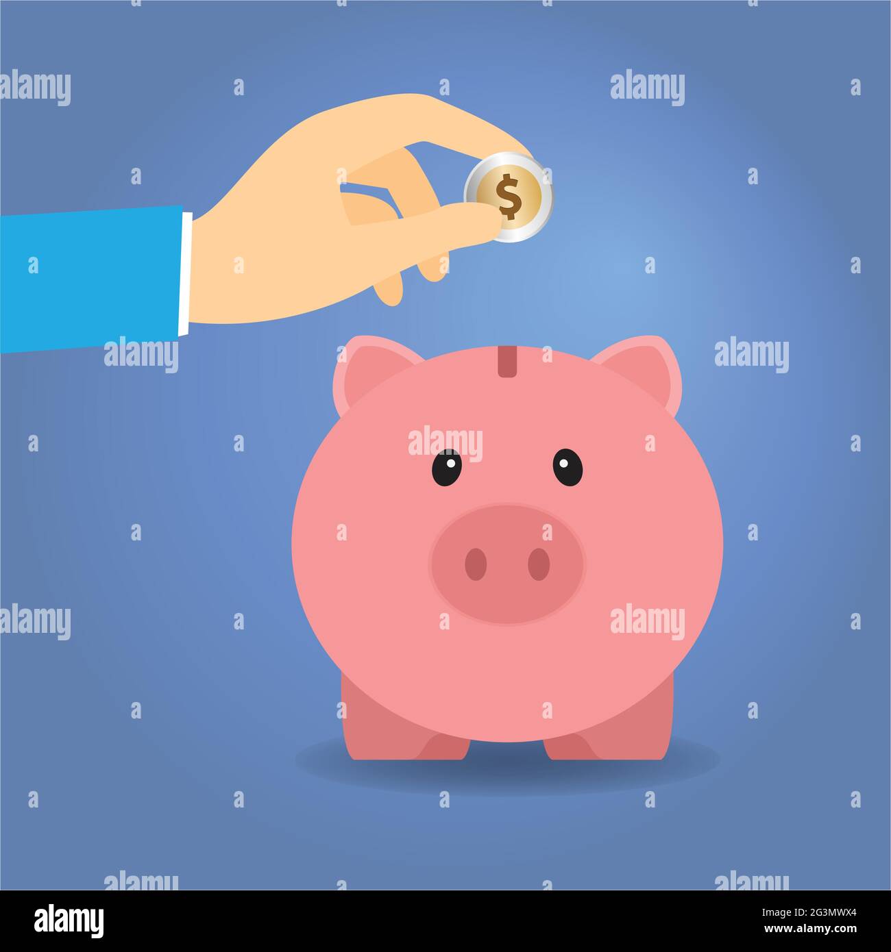 Hand of a man putting a dollar coin into a piggy bank Stock Vector