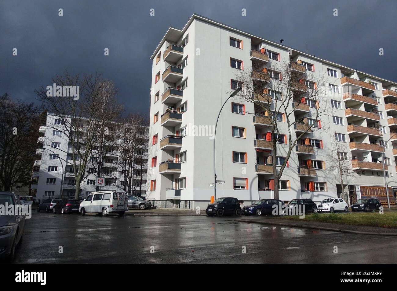 '18.02.2020, Berlin, , Germany - Prefabricated buildings in Manfred-von Richthofen-Strasse. 00S200218D225CAROEX.JPG [MODEL RELEASE: NO, PROPERTY RELEA Stock Photo