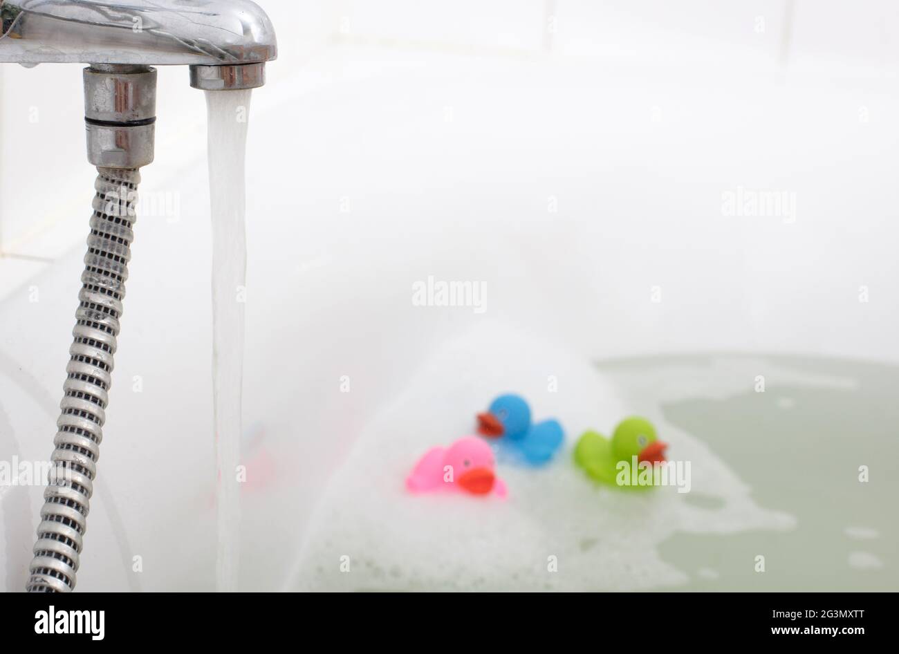 Pink, green and blue duck in a bathtub Stock Photo - Alamy