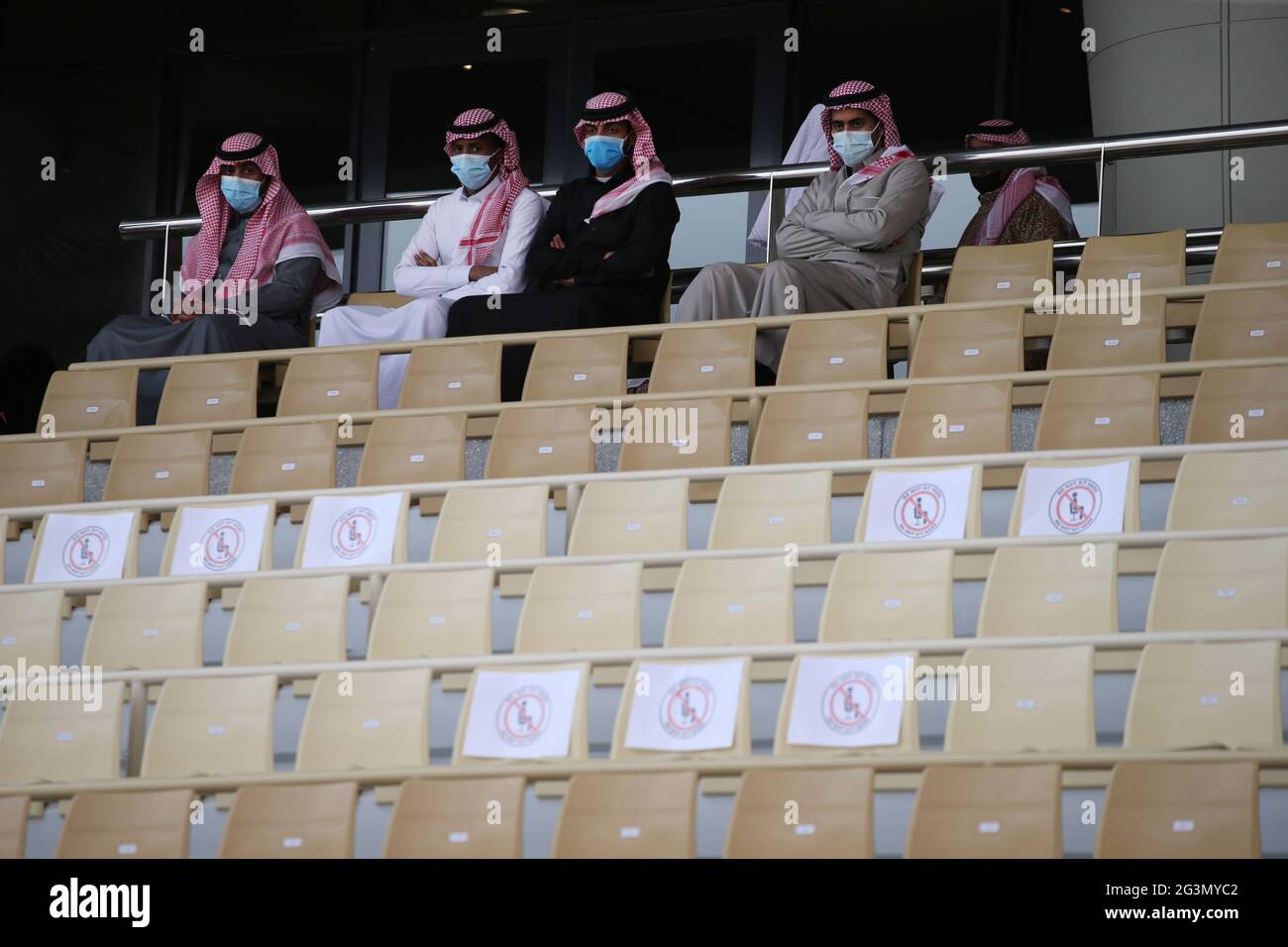 '20.02.2021, Riad, Riyadh, Saudi Arabia - Seats in a grandstand are marked with regard to the safety distance due to the corona pandemic and are parti Stock Photo