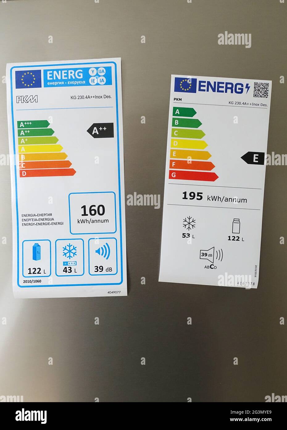 '24.02.2021, Berlin, , Germany - Old and new energy efficiency label on a refrigerator door. From 01.03.2021, the new energy efficiency classes A-G wi Stock Photo