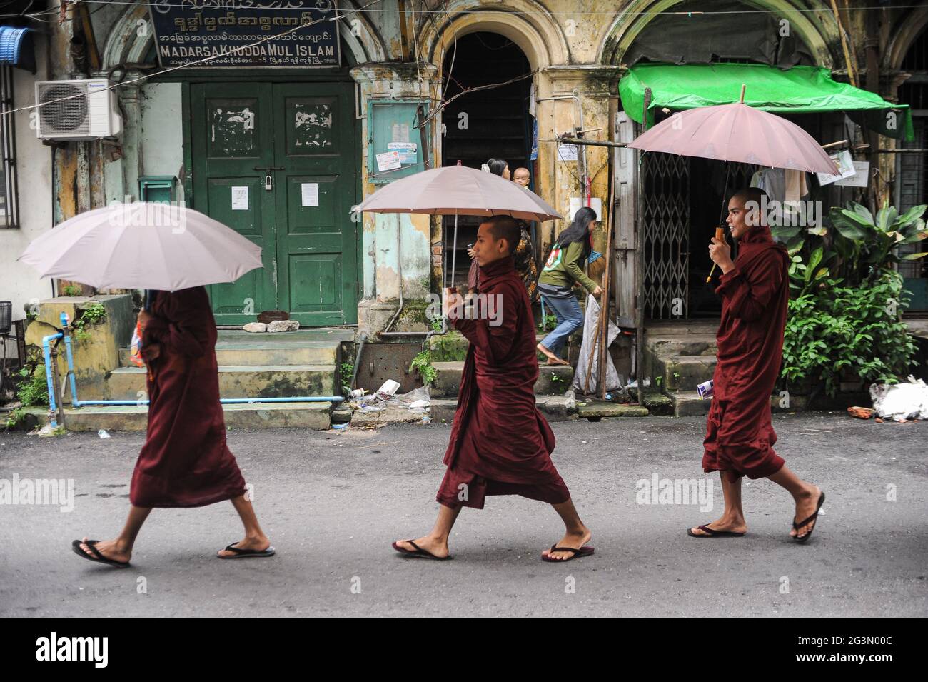 '20.07.2014, Yangon, , Myanmar - A group of Buddhist monks in their saffron robes and carrying umbrellas walk through the streets in the centre of the Stock Photo
