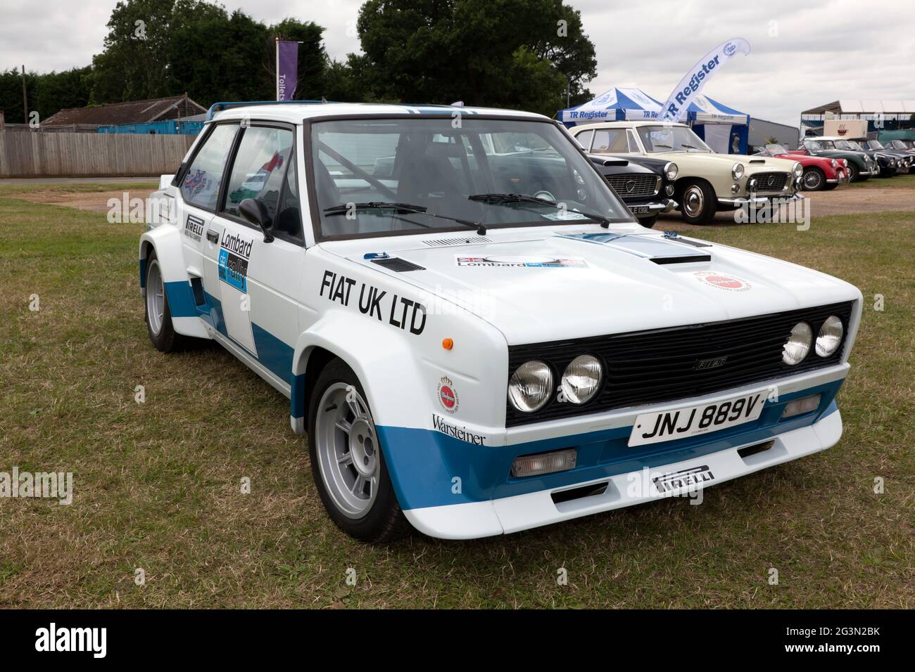 Three-quarters front view  of a White, 1979, Fiat  Abarth 131 Rally Car, on display at the 2017, Silverstone Classic Stock Photo