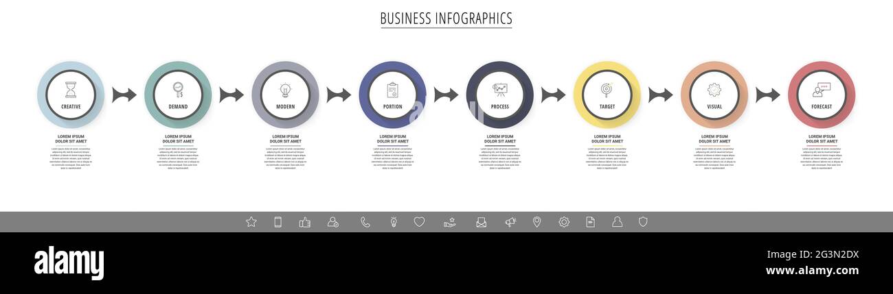 Business vector infographics with 8 circles and arrows. Timeline ...