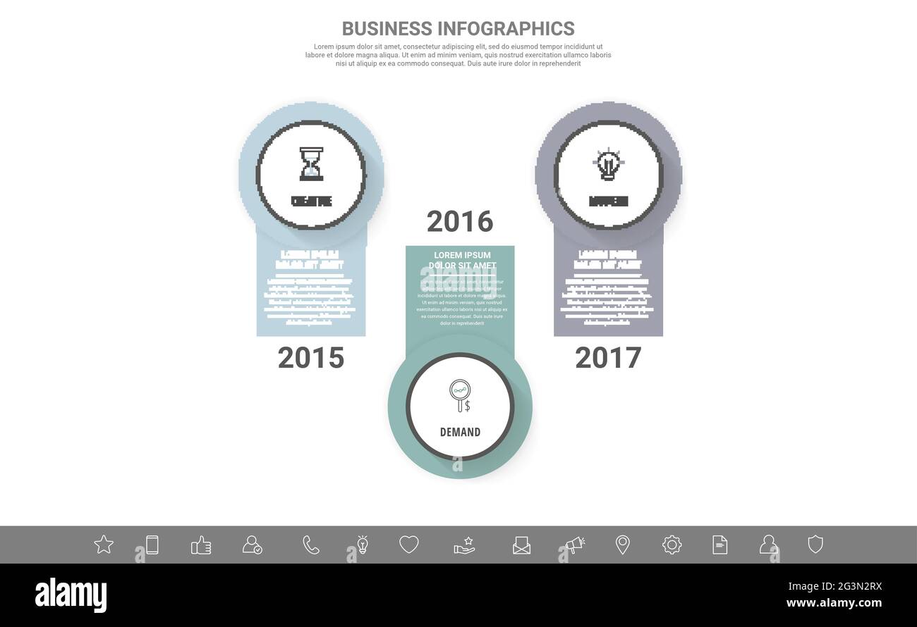 Modern vector infographics with three circles. Business template with 3 steps for diagram, web, banner, presentations, flowchart, content, levels Stock Vector