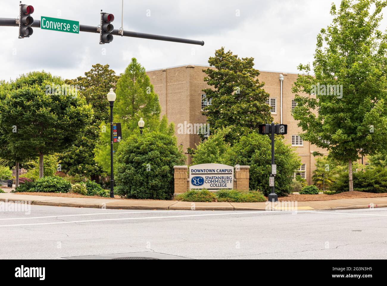 SPARTANBURG, SC, USA-13 JUNE 2021:  View of a corner monument sign for the  downtown campus of Spartanburg community College, Horizontal image. Stock Photo