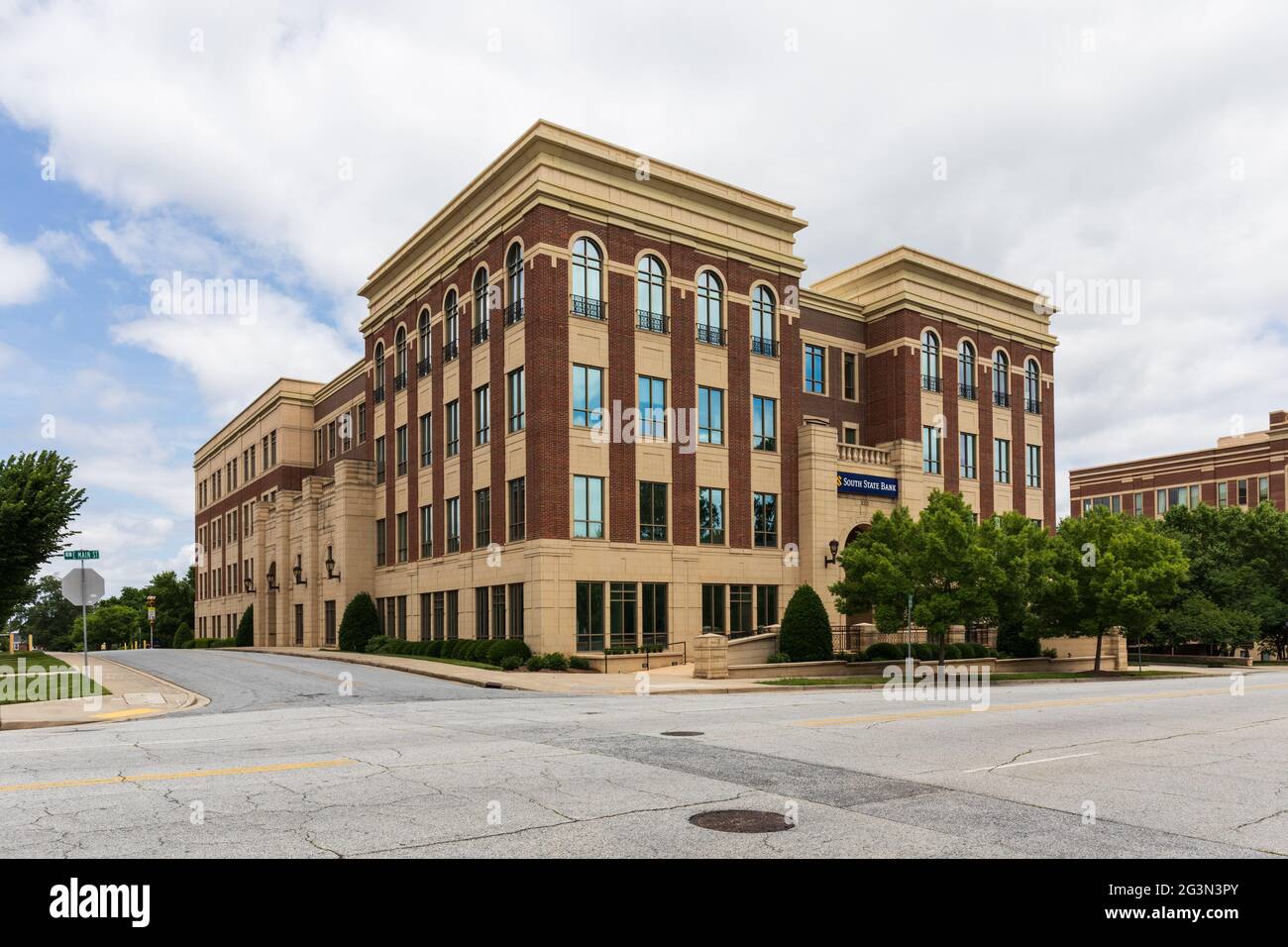 SPARTANBURG, SC, USA-13 JUNE 2021: Diagonal front view of the South State Bank building on Main St.  Horizontal image. Stock Photo
