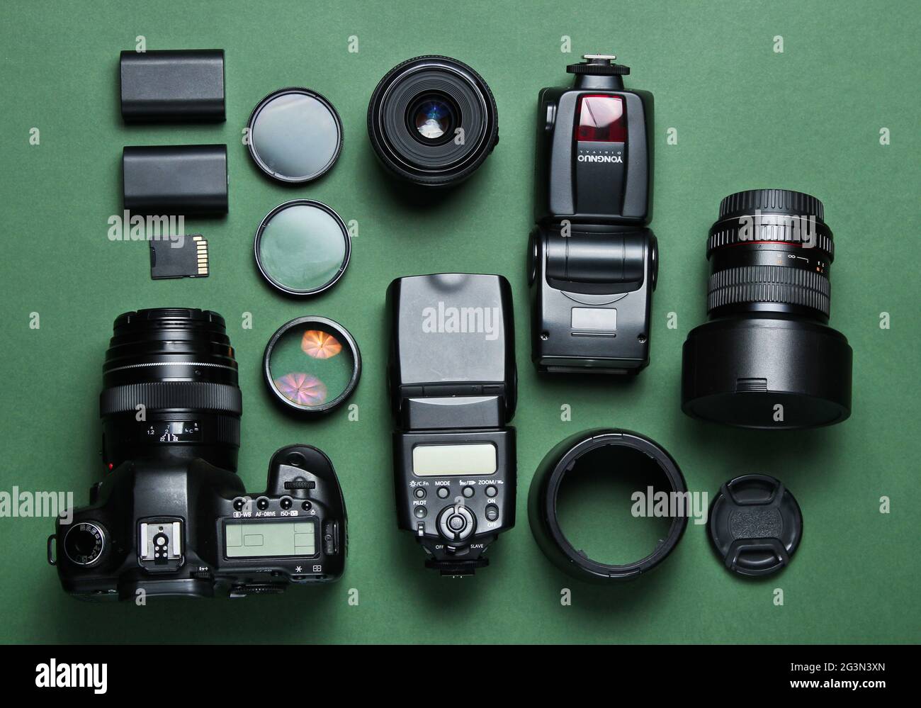Equipment professional photographer on green background. Camera, lenses