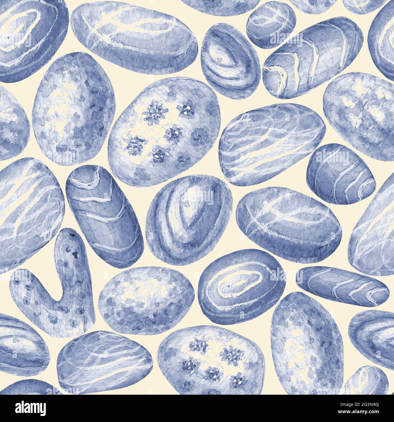 Watercolor sea stones seamless pattern. Hand drawn sea pebbles texture ...