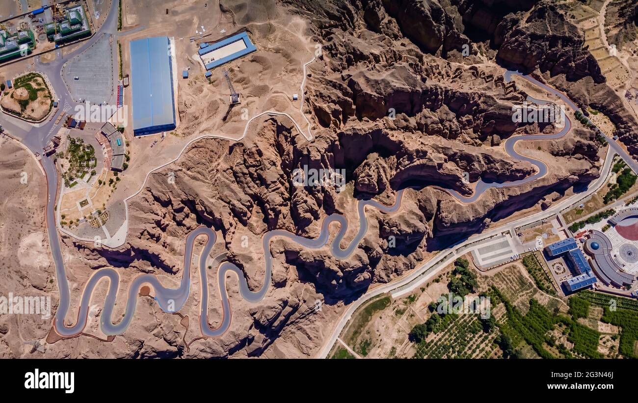 Loess Plateau and winding highway in China Stock Photo