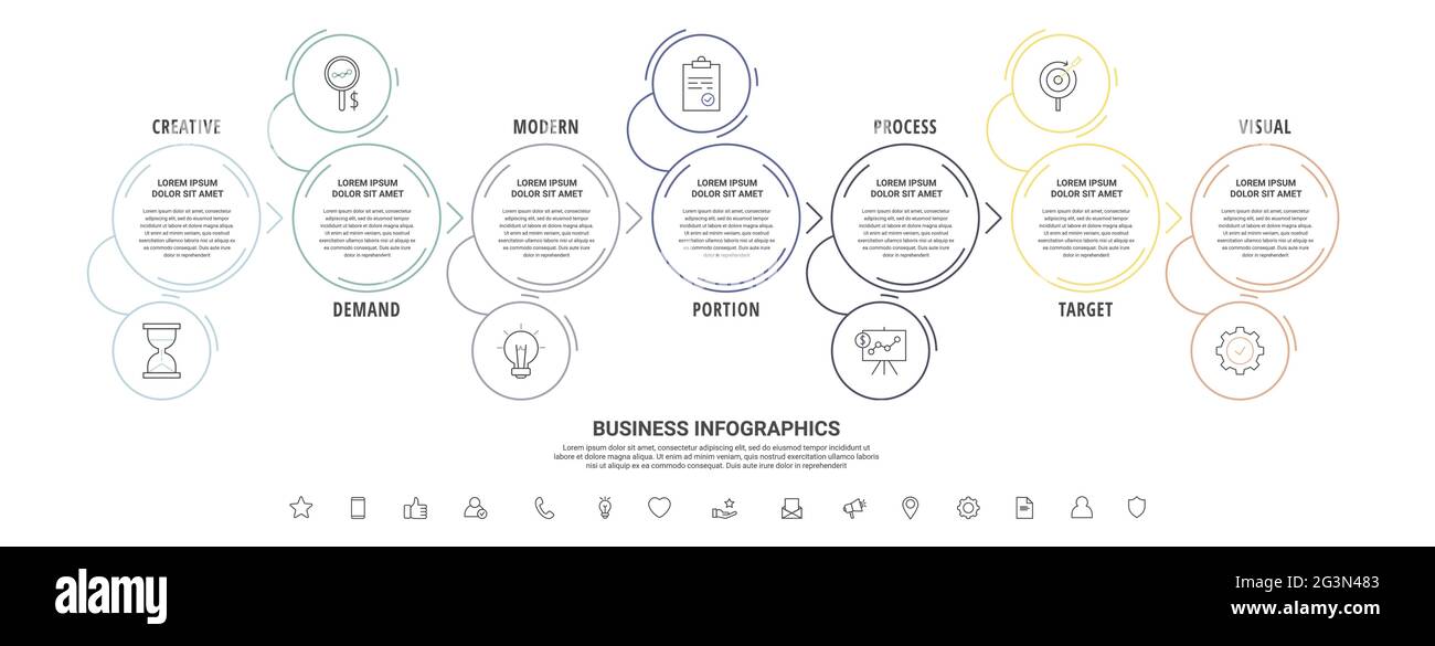 Thin line vector infographics with seven circles and arrows. Timeline ...