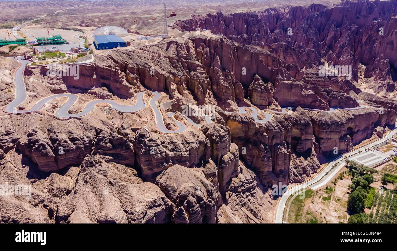 Loess Plateau and winding highway in China Stock Photo