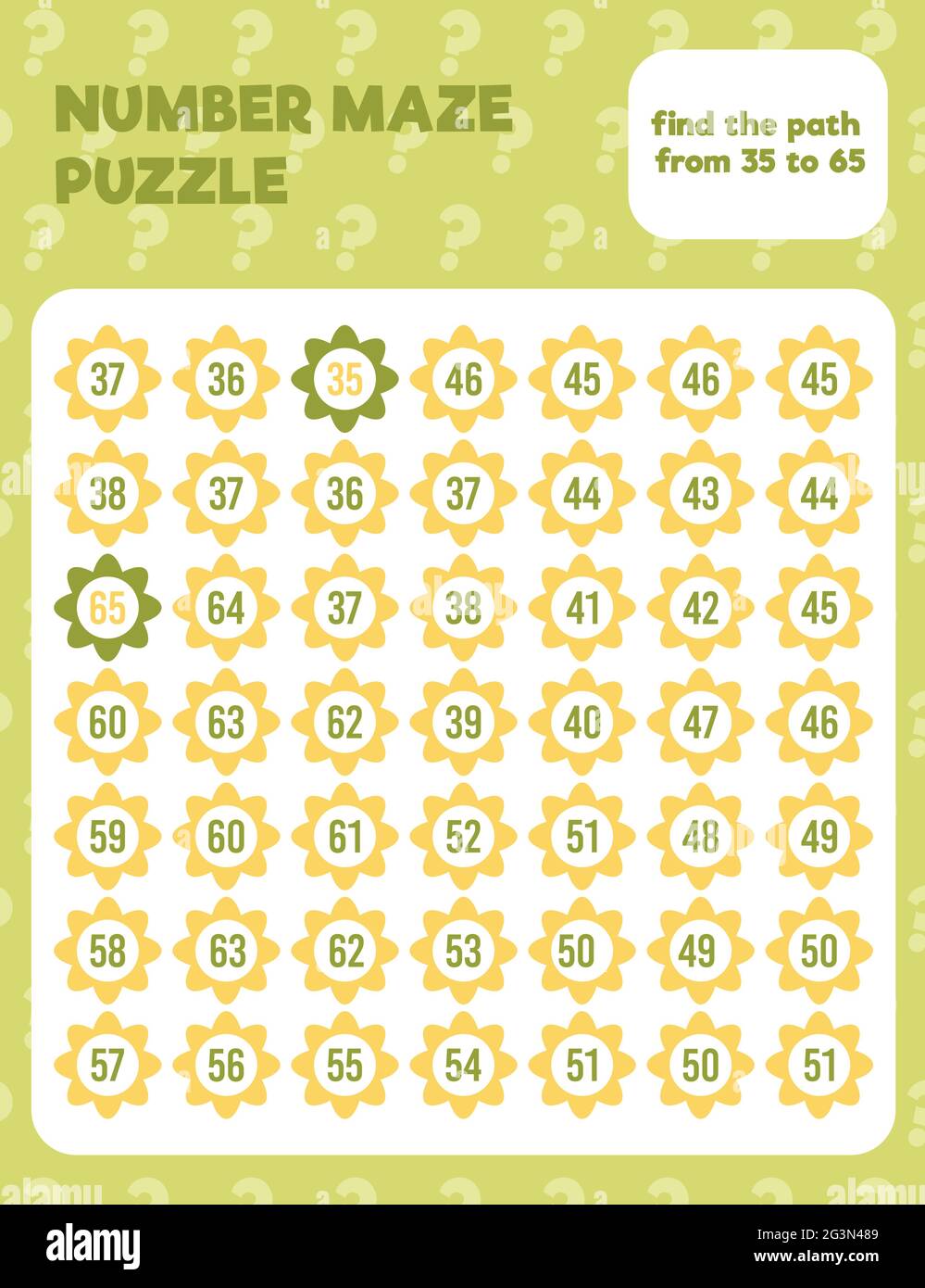 Math number maze puzzle. Prinatble math worksheet page. Easy colorful math worksheet practice for kids in preschool, elementary and middle school. Stock Vector