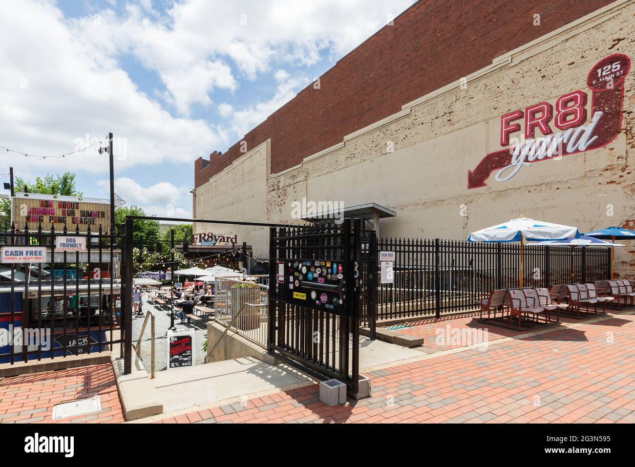 SPARTANBURG, SC, USA-13 JUNE 2021:  The FR8 Yard, self-described as ' South Carolina's first fully outdoor biergarten built from shipping containers. Stock Photo