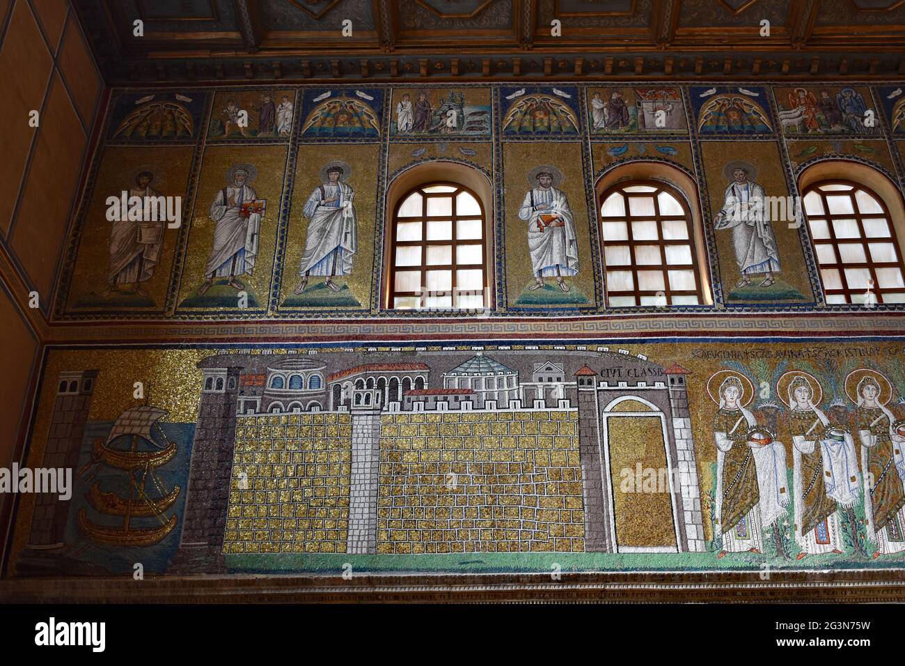 Ravenna. Basilica of Sant'Apollinare Nuovo. The left lateral wall mosaics. Stock Photo