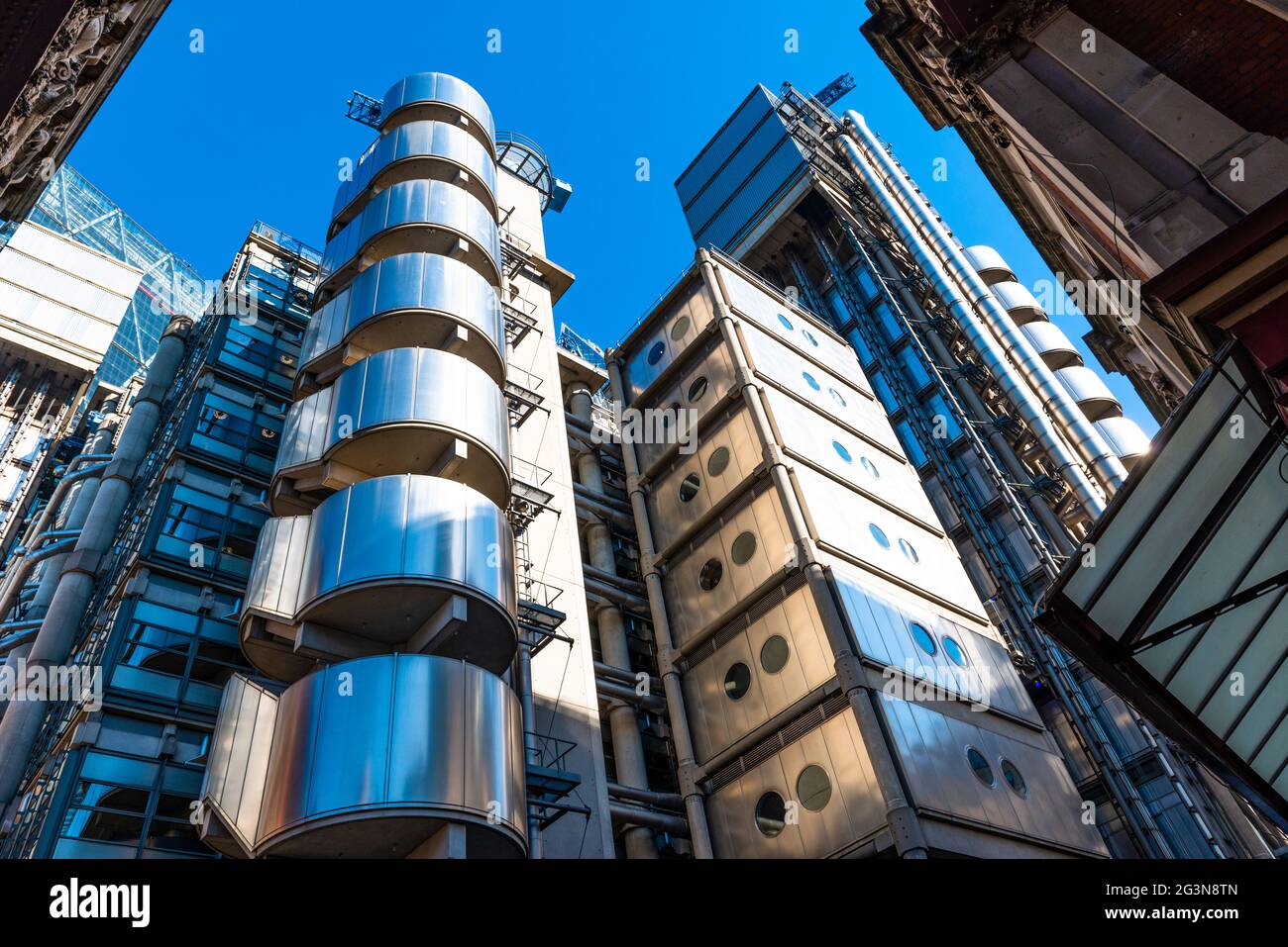 Lloyds Insurance Building in Lime Street, London. Also known as the Inside Out Building, due to it's unusual design features. Stock Photo