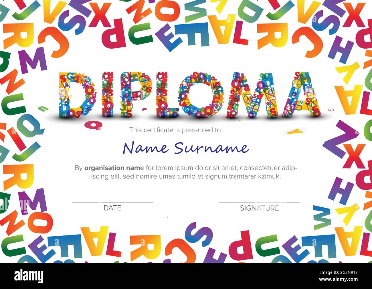 Colorful child diploma certificate template with color letters and big